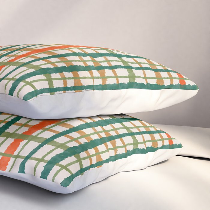 Rustic Retro Painted Plaid Pattern in Woodland Orange-Red Green Ochre Beige Pillow Sham Gallery Image 3