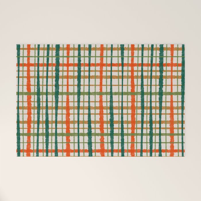 Rustic Retro Painted Plaid Pattern in Woodland Orange-Red Green Ochre Beige Welcome Mat Gallery Image 1