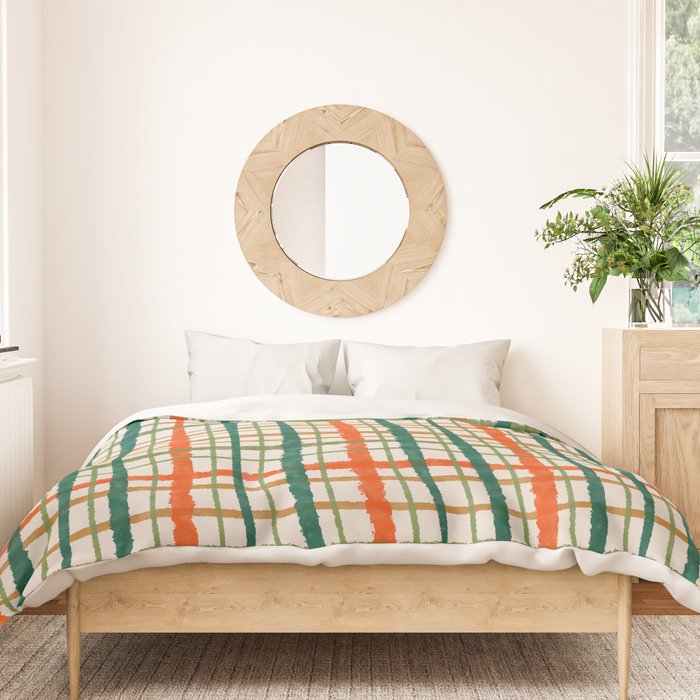 Rustic Retro Painted Plaid Pattern in Woodland Orange-Red Green Ochre Beige Duvet Cover Gallery Image 3