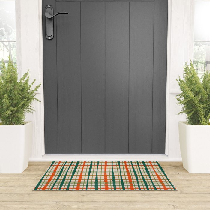 Rustic Retro Painted Plaid Pattern in Woodland Orange-Red Green Ochre Beige Welcome Mat Gallery Image 3