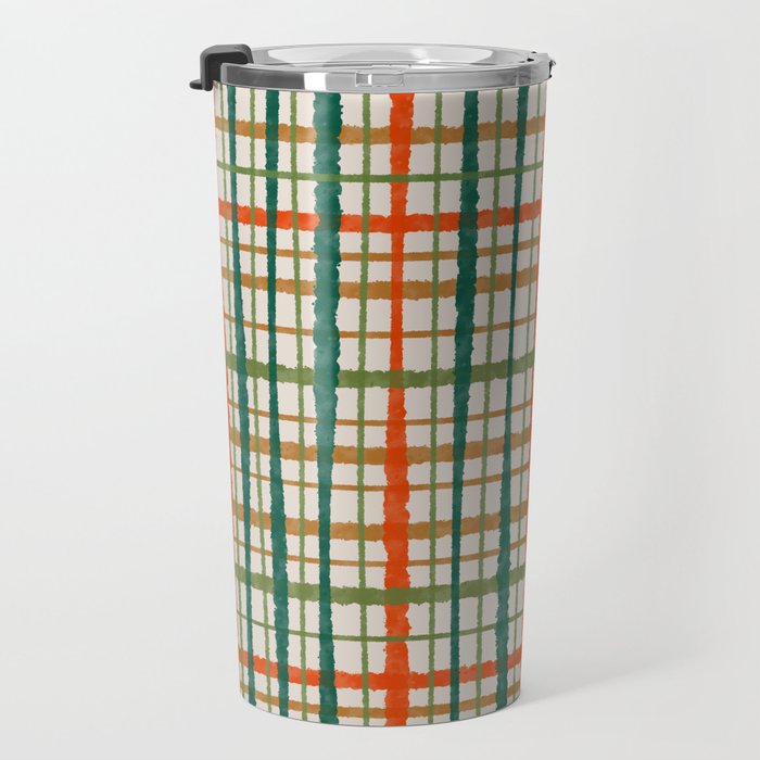 Rustic Retro Painted Plaid Pattern in Woodland Orange-Red Green Ochre Beige Travel Mug Gallery Image 3