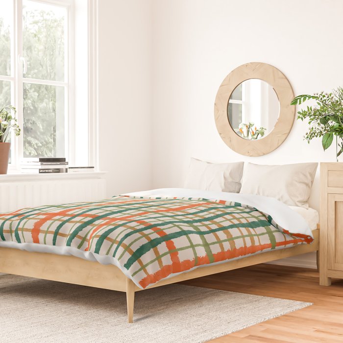 Rustic Retro Painted Plaid Pattern in Woodland Orange-Red Green Ochre Beige Duvet Cover Gallery Image 2