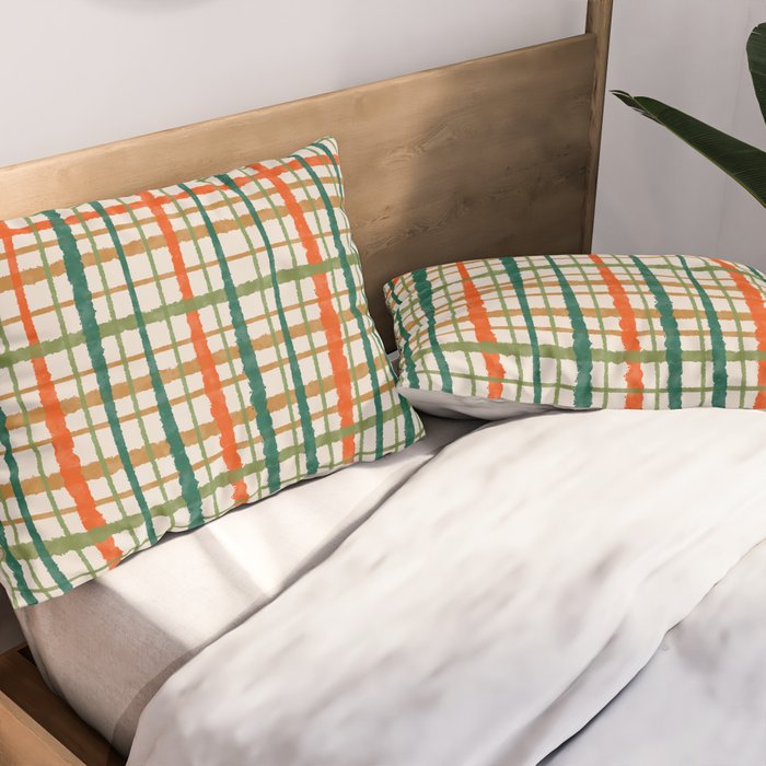 Rustic Retro Painted Plaid Pattern in Woodland Orange-Red Green Ochre Beige Pillow Sham Gallery Image 2