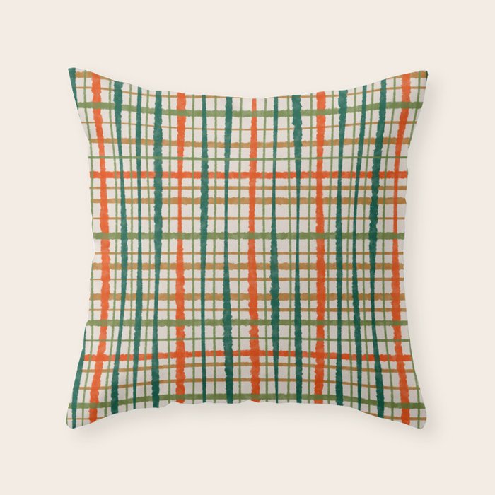 Rustic Retro Painted Plaid Pattern in Woodland Orange-Red Green Ochre Beige Throw Pillow Gallery Image 6