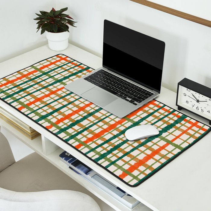 Rustic Retro Painted Plaid Pattern in Woodland Orange-Red Green Ochre Beige Desk Mat Gallery Image 2