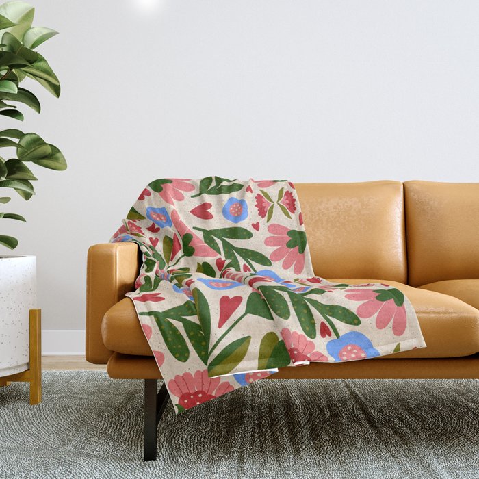 Pink, Green and Blue Folk Art Floral  Throw Blanket Gallery Image 1