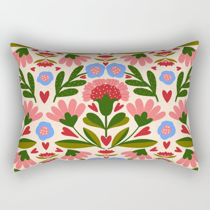 Pink, Green and Blue Folk Art Floral  Rectangular Pillow Gallery Image 1