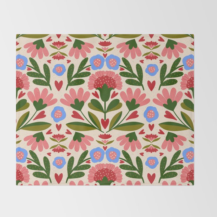 Pink, Green and Blue Folk Art Floral  Throw Blanket Gallery Image 2
