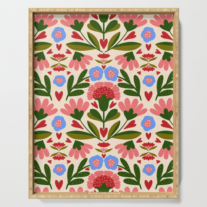 Pink, Green and Blue Folk Art Floral  Serving Tray Gallery Image 1