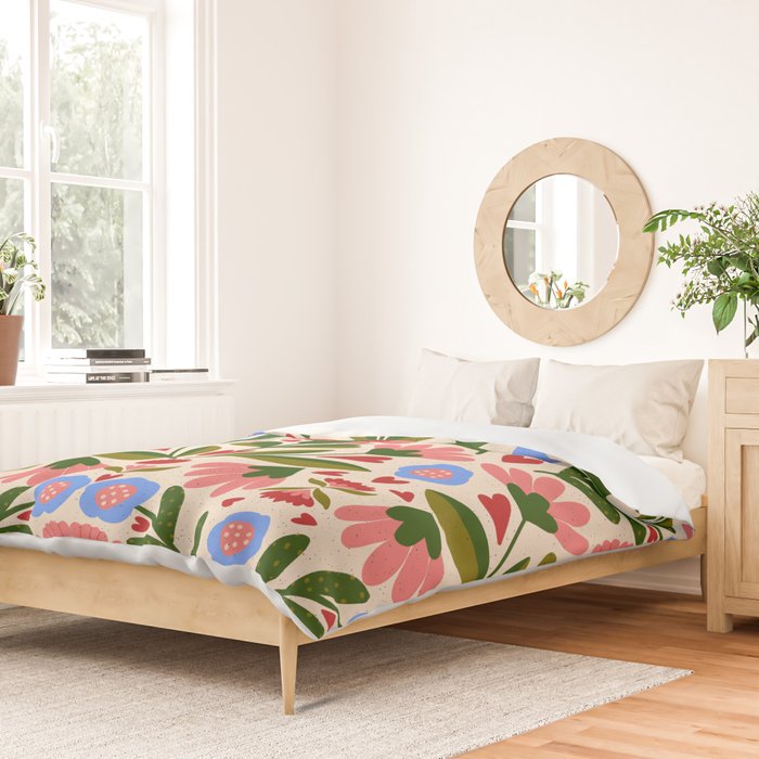 Pink, Green and Blue Folk Art Floral  Duvet Cover Gallery Image 2