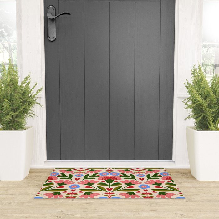 Pink, Green and Blue Folk Art Floral  Welcome Mat Gallery Image 3
