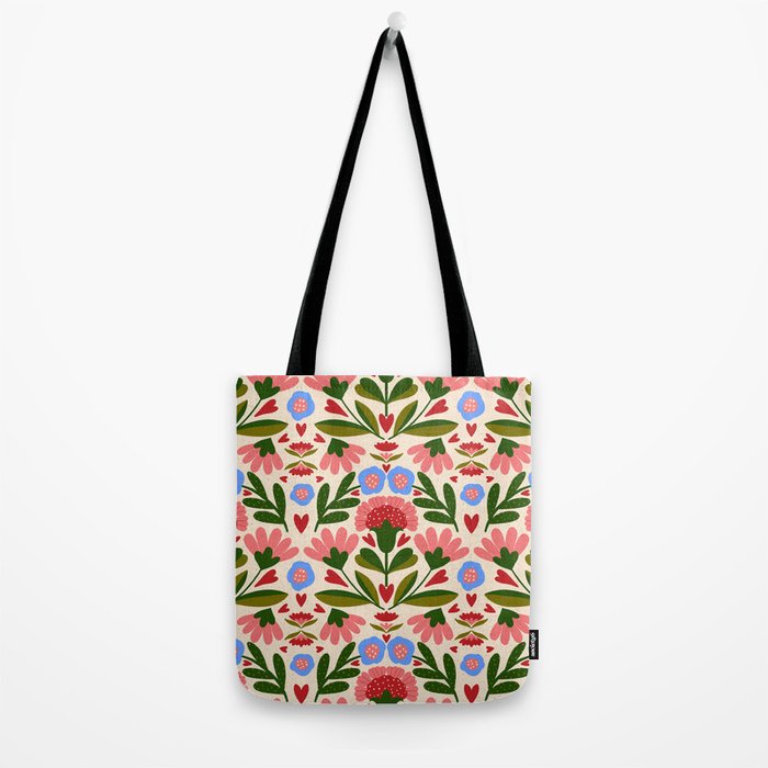 Pink, Green and Blue Folk Art Floral  Tote Bag Gallery Image 2
