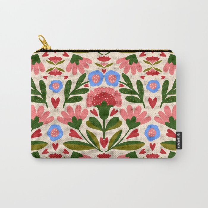 Pink, Green and Blue Folk Art Floral  Carry All Pouch Gallery Image 1