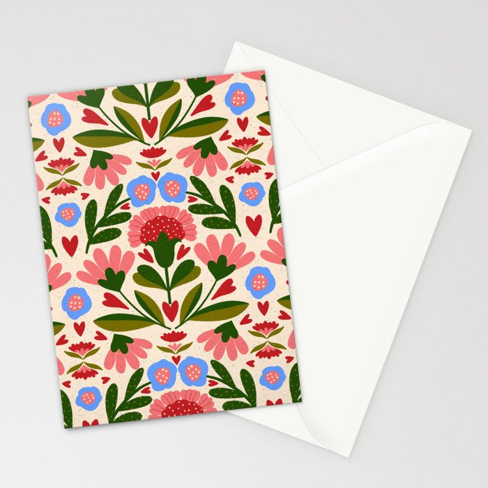 Pink, Green and Blue Folk Art Floral  Stationery Card Gallery Image 2