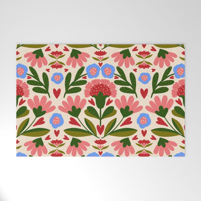 Pink, Green and Blue Folk Art Floral  Welcome Mat Gallery Image 1