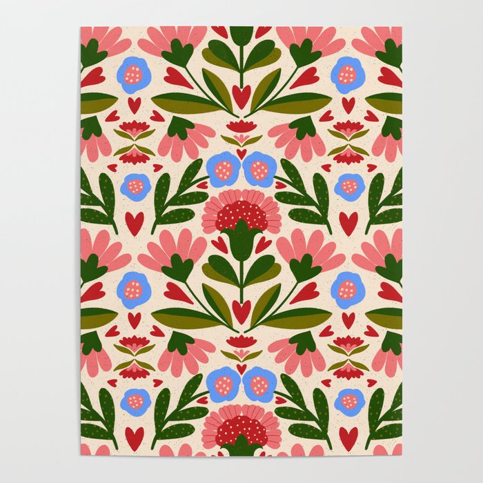 Pink, Green and Blue Folk Art Floral  Poster Gallery Image 4