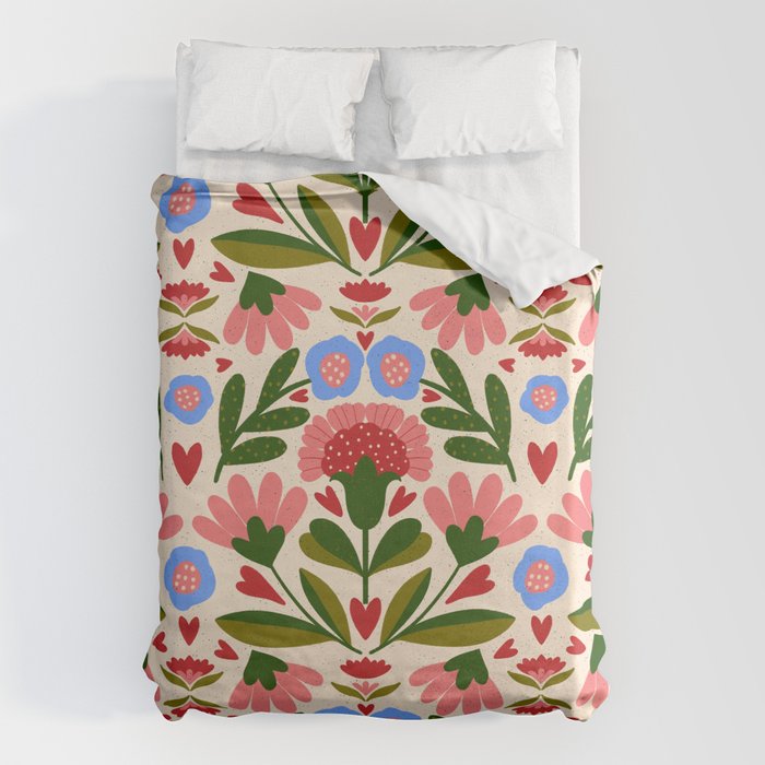 Pink, Green and Blue Folk Art Floral  Duvet Cover Gallery Image 1