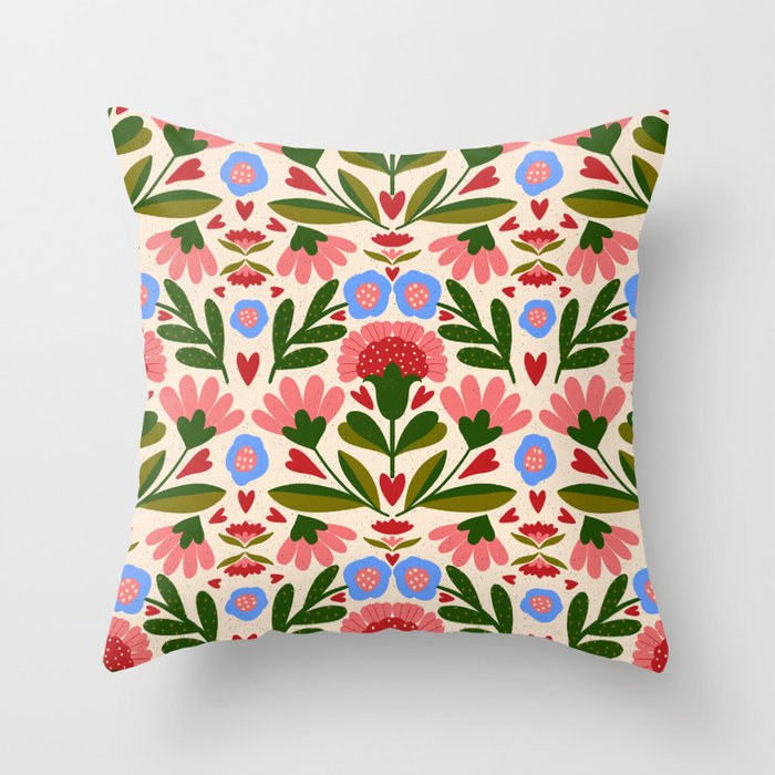 Pink, Green and Blue Folk Art Floral  Throw Pillow Gallery Image 6
