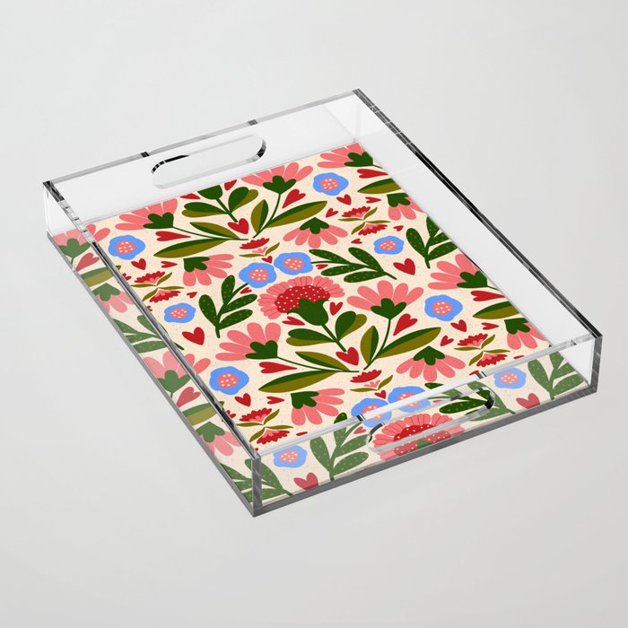 Pink, Green and Blue Folk Art Floral  Acrylic Tray Gallery Image 1