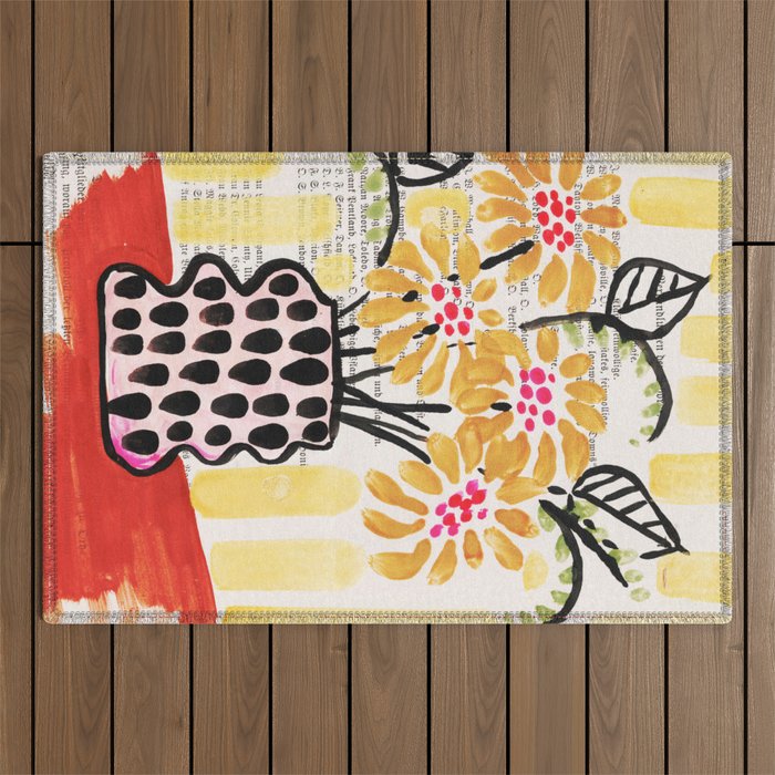 Gouache 2, still life: flowers in a vase with striped wallpaper Outdoor Rug Gallery Image 1