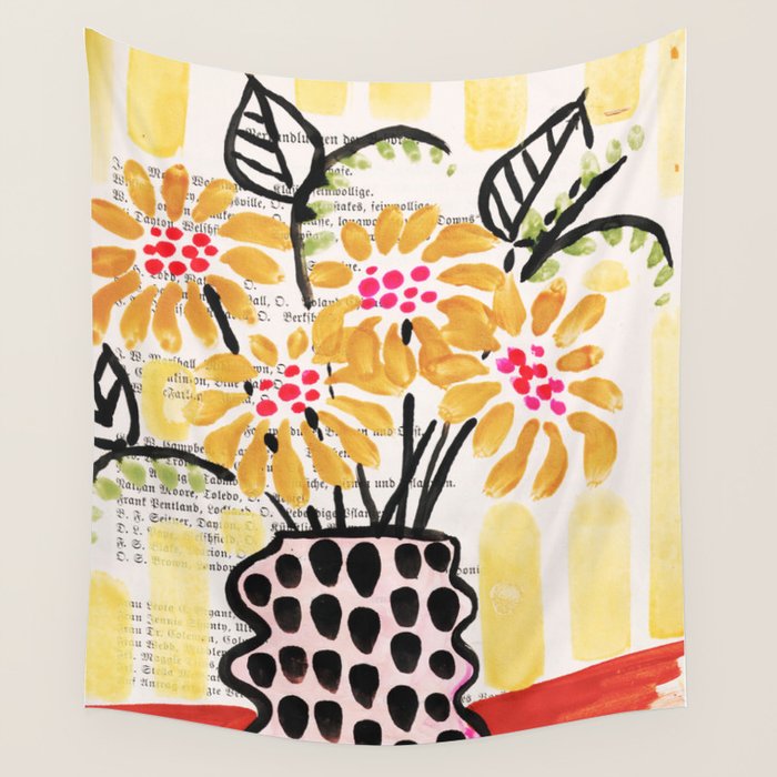 Gouache 2, still life: flowers in a vase with striped wallpaper Wall Tapestry Gallery Image 1