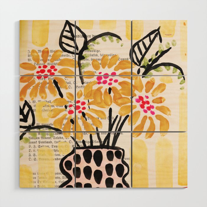Gouache 2, still life: flowers in a vase with striped wallpaper Wood Wall Art Gallery Image 1