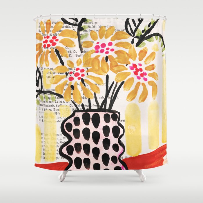 Gouache 2, still life: flowers in a vase with striped wallpaper Shower Curtain Gallery Image 1