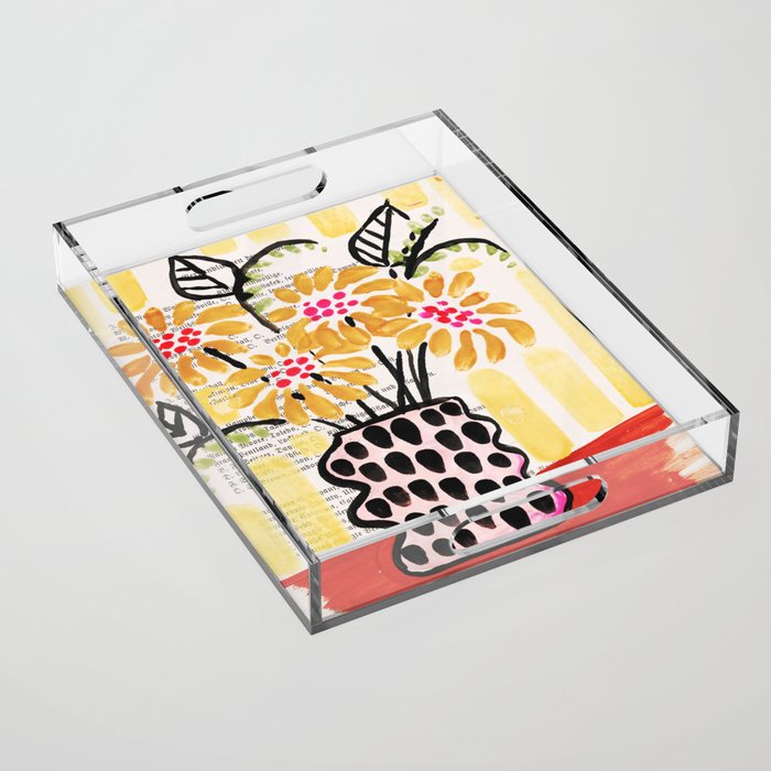 Gouache 2, still life: flowers in a vase with striped wallpaper Acrylic Tray Gallery Image 1