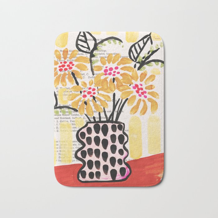 Gouache 2, still life: flowers in a vase with striped wallpaper Bath Mat Gallery Image 1