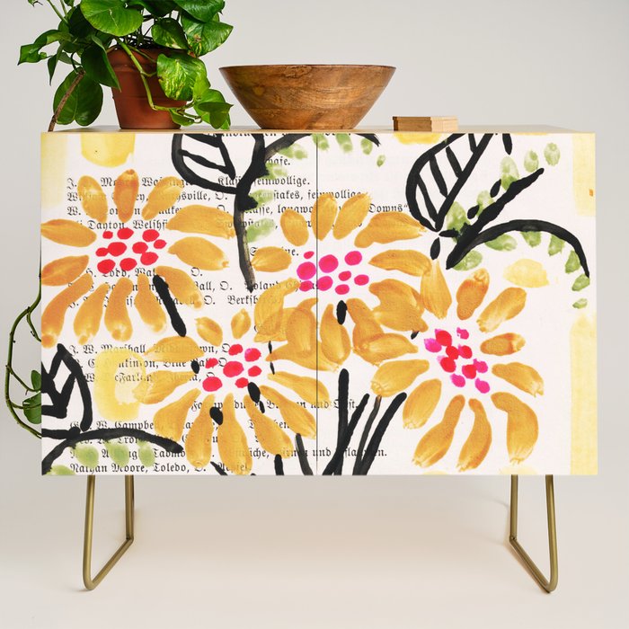 Gouache 2, still life: flowers in a vase with striped wallpaper Credenza Gallery Image 1