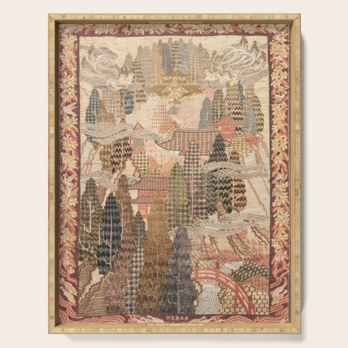 Antique 1920's Chinese Art Deco Abstract Landscape Tapestry Serving Tray Gallery Image 1