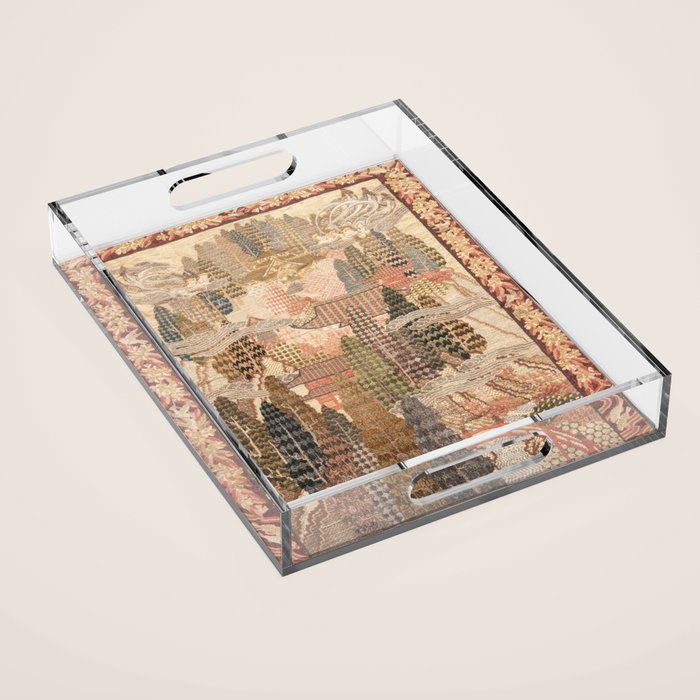 Antique 1920's Chinese Art Deco Abstract Landscape Tapestry Acrylic Tray Gallery Image 1