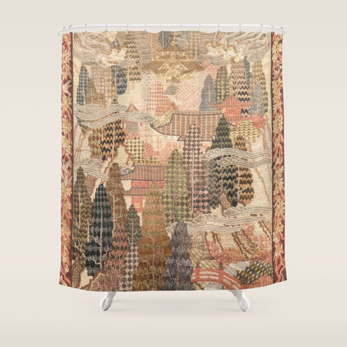 Antique 1920's Chinese Art Deco Abstract Landscape Tapestry Shower Curtain Gallery Image 1