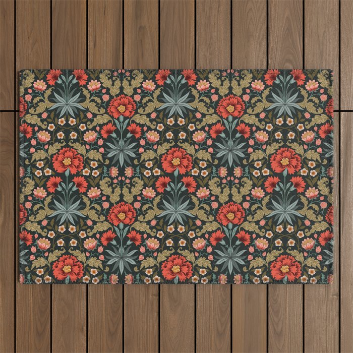 Victorian Carnation in Moody Red and Green Outdoor Rug Gallery Image 1
