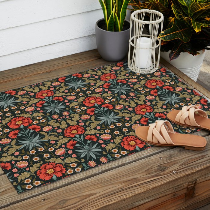 Victorian Carnation in Moody Red and Green Outdoor Rug Gallery Image 2