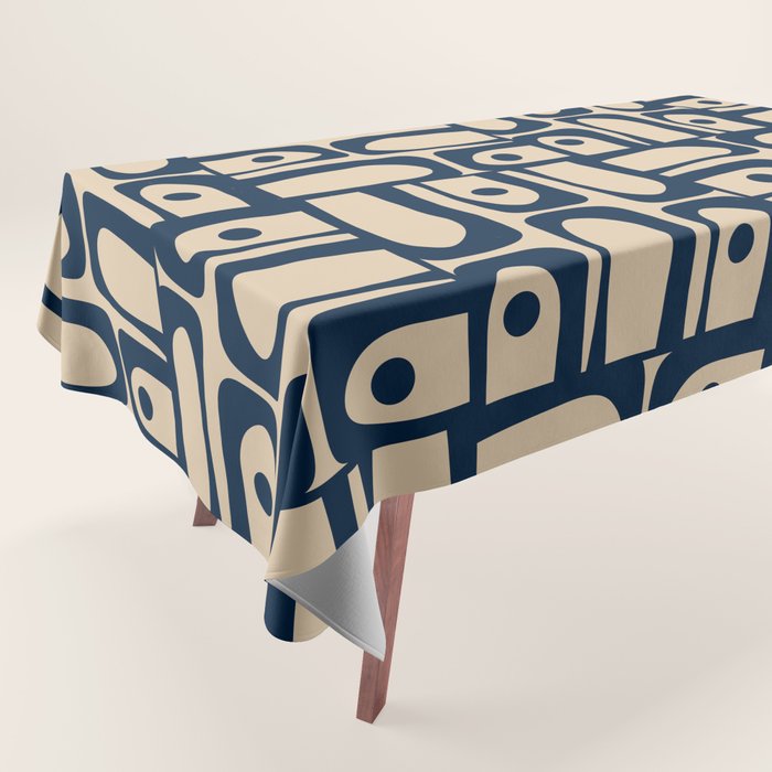 Mid Century Modern Piquet Abstract Multi Pattern in Mid Mod Navy Blue and Beige Tablecloth Gallery Image 1