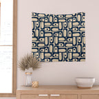 Mid Century Modern Piquet Abstract Multi Pattern in Mid Mod Navy Blue and Beige Wall Tapestry Gallery Image 2