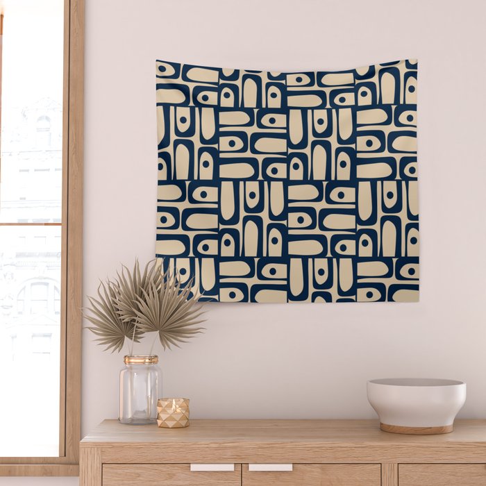 Mid Century Modern Piquet Abstract Multi Pattern in Mid Mod Navy Blue and Beige Wall Tapestry Gallery Image 2