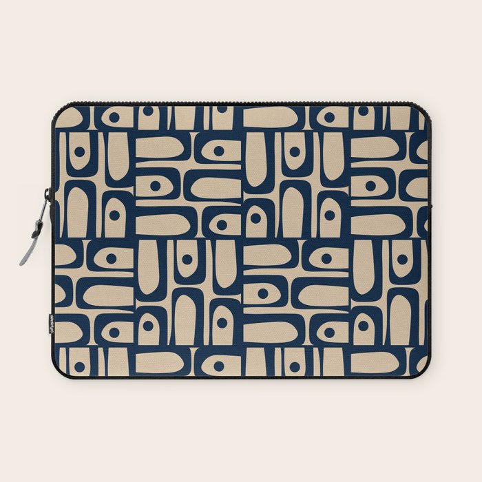 Mid Century Modern Piquet Abstract Multi Pattern in Mid Mod Navy Blue and Beige Laptop Sleeve Gallery Image 1