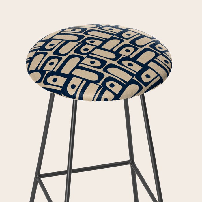 Mid Century Modern Piquet Abstract Multi Pattern in Mid Mod Navy Blue and Beige Stool Gallery Image 2