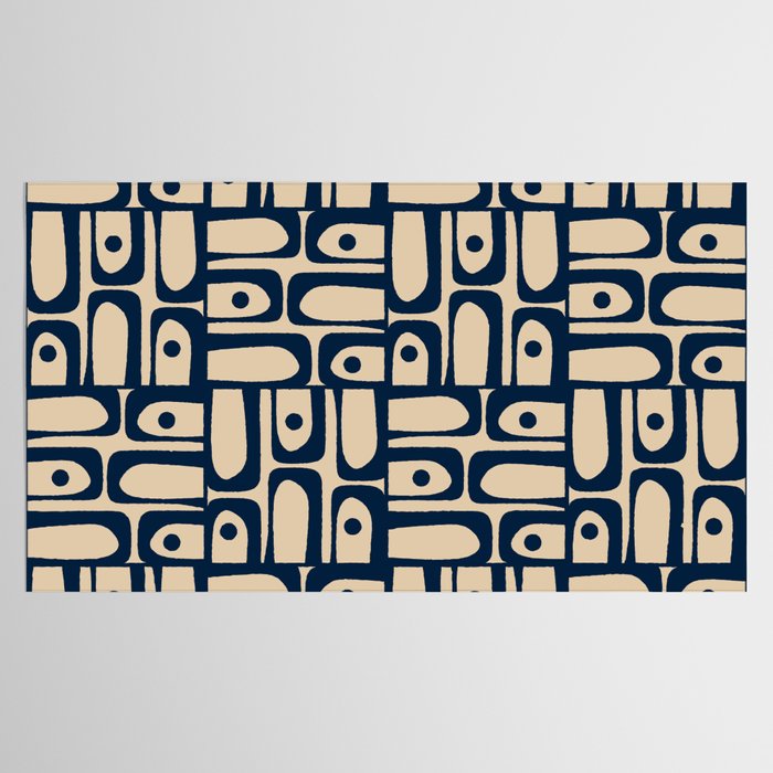 Mid Century Modern Piquet Abstract Multi Pattern in Mid Mod Navy Blue and Beige Tablecloth Gallery Image 2