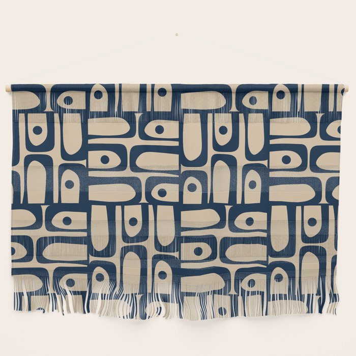 Mid Century Modern Piquet Abstract Multi Pattern in Mid Mod Navy Blue and Beige Wall Hanging Gallery Image 1