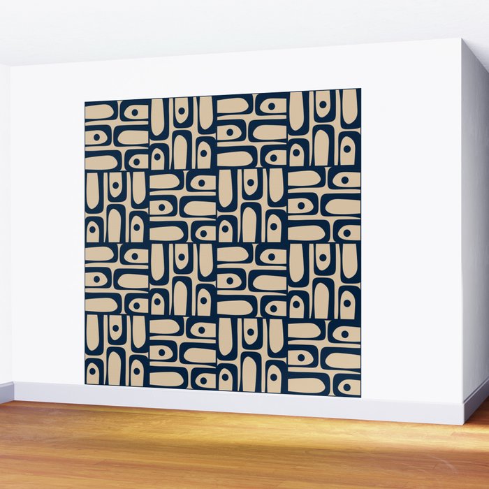 Mid Century Modern Piquet Abstract Multi Pattern in Mid Mod Navy Blue and Beige Wall Mural Gallery Image 2