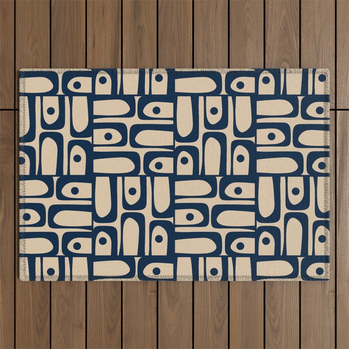 Mid Century Modern Piquet Abstract Multi Pattern in Mid Mod Navy Blue and Beige Outdoor Rug Gallery Image 1