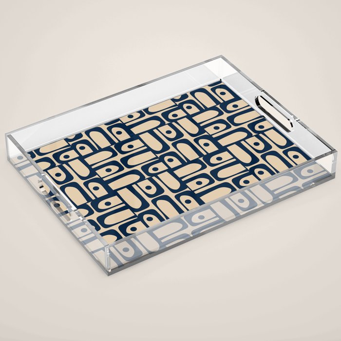 Mid Century Modern Piquet Abstract Multi Pattern in Mid Mod Navy Blue and Beige Acrylic Tray Gallery Image 1