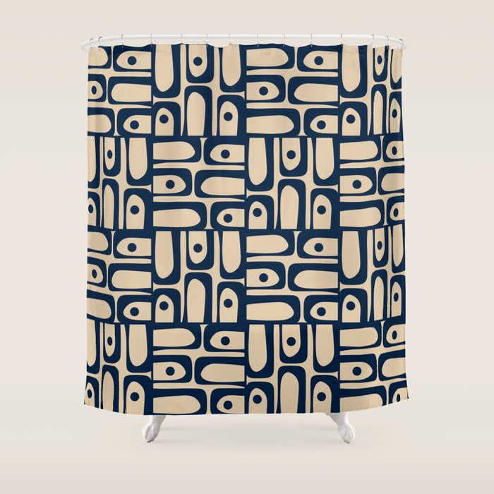 Mid Century Modern Piquet Abstract Multi Pattern in Mid Mod Navy Blue and Beige Shower Curtain Gallery Image 1