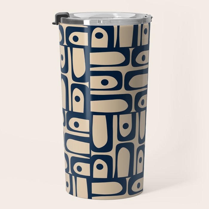 Mid Century Modern Piquet Abstract Multi Pattern in Mid Mod Navy Blue and Beige Travel Mug Gallery Image 3
