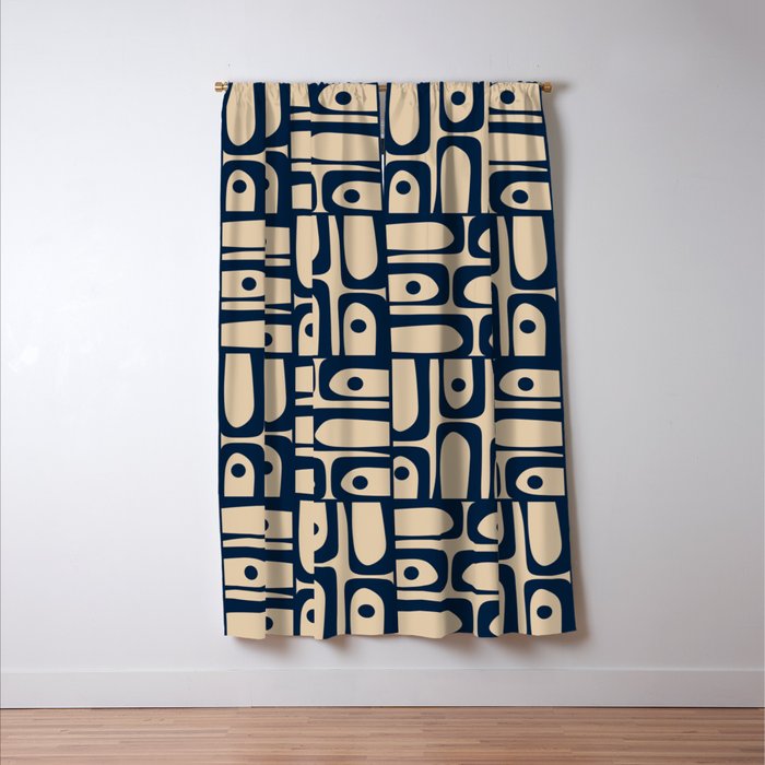 Mid Century Modern Piquet Abstract Multi Pattern in Mid Mod Navy Blue and Beige Window Curtain Gallery Image 3