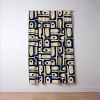 Mid Century Modern Piquet Abstract Multi Pattern in Mid Mod Navy Blue and Beige Window Curtain Gallery Image 3