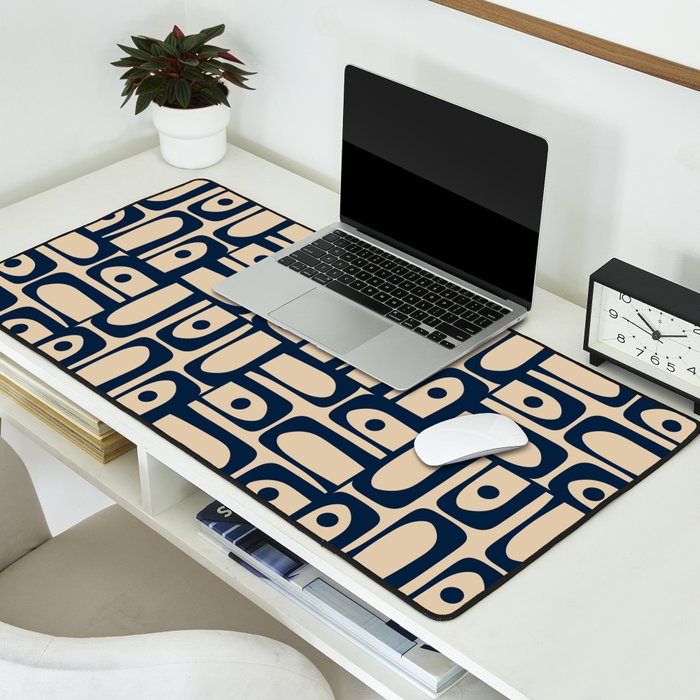 Mid Century Modern Piquet Abstract Multi Pattern in Mid Mod Navy Blue and Beige Desk Mat Gallery Image 2